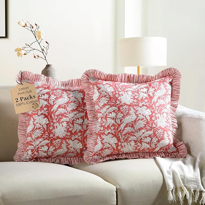 CPC Coral Pink 100% Cotton Block Print Ruffle Pillow Cover 16X16 inch, Handmade Boho Floral Pillowcase, Farmhouse Cottagecore Bedding, Soft Decorative Cushion Cover for Bedroom Décor