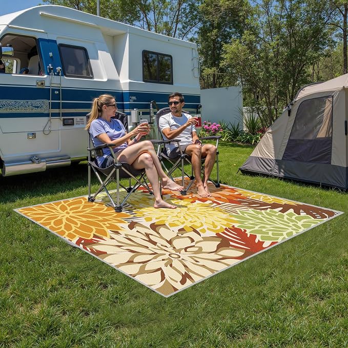 Colorful 4x6 Outdoor Area Rug Washable Rugs Multicolored Patio Rug Tropical Botanical Floral Chenille Outdoor Carpet Non Slip for RV, Pool Deck, Backyard, Porch, Orange