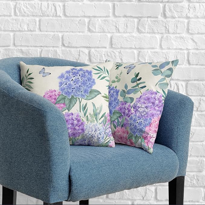 Hydrangea Pillow Covers 18x18 Set of 2 Spring Flowers Outdoor Pillow Covers Blue Purple Hydrangea Eucalyptus Throw Pillowcase Cotton Linen Cushion Case for Sofa Outdoor Patio