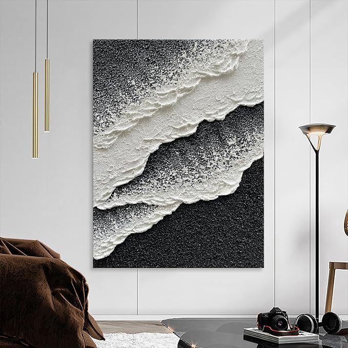 NANKAI Hand Painted Beach Wave Landscape Oil Painting Black and White Abstract Canvas Art Home Office Wall Deco Art Painting 28x40 inches