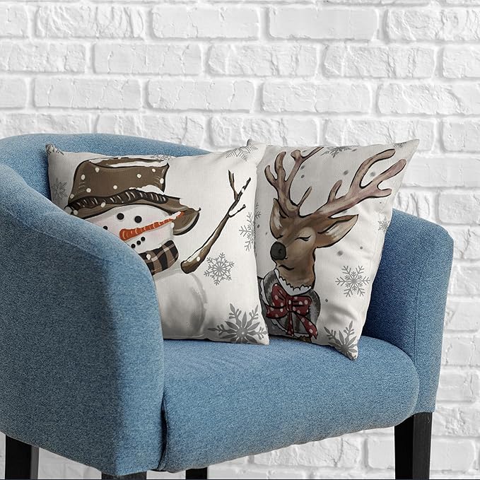 Christmas Decorative Pillow Covers 20x20 Brown Snowman Reindeer with Snowflakes Throw Pillow Covers Cotton Linen Cushion Case for Holiday Decor Couch Living Room Set of 2