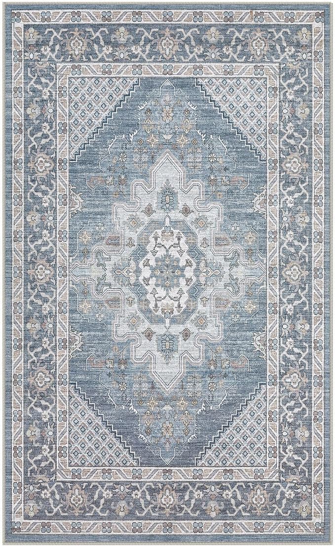 Tortania Area Rug Living Room Rugs - 3x5 Washable Rug Vintage Oriental Distressed Farmhouse Small Thin Indoor Carpet for Living Room Bedroom Under Dining Table Home Office - Blue