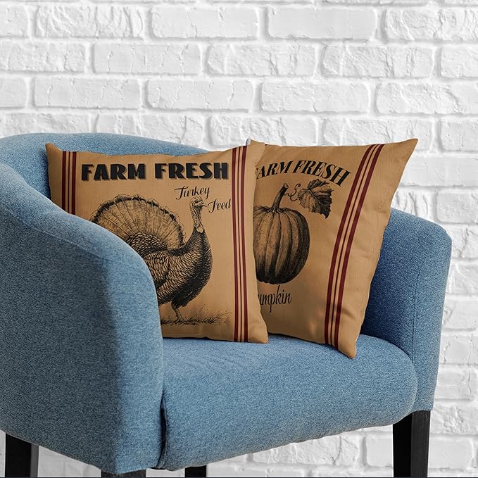 Fall Pillow Covers 22x22 Set of 2 Vintage Farmhouse Throw Pillow Covers Retro Farm Fresh Turkey Pumpkin Pillowcase Thanksgiving Cushion Case for Home Decor Couch Sofa