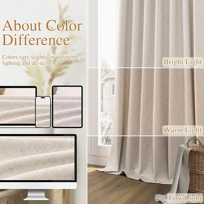 Guken Oatmeal 100% Blackout Curtains 120 Inch Length 2 Panels Set for Living Room Bedroom Back Tab Thermal Insulated Black Out Linen Drapes Room Darkening Window Curtains 52x120