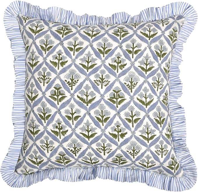 Ridhi Block Print Light Steel Blue Throw Pillow Cover 20" x 20" (Pack of 2) Decorative Cushion Covers with Ruffle for Couch, Sofa, Bed, Living Room, Home Decor Gift for Spring, Easter, Valentine