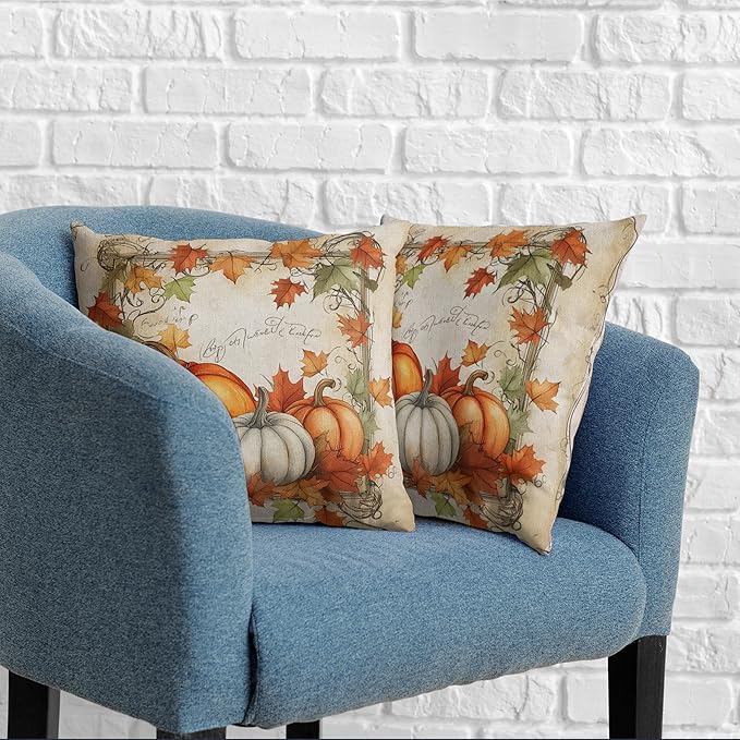 Fall Pillow Covers 18x18 Set of 2 Maple Leaves Pumpkin Pillow Covers Autumn Harvest Pillowcase Thanksgiving Vintage Cushion Case for Home Decor Couch Sofa