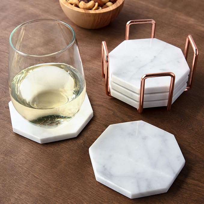 White Carrara Marble Coasters & Rose Gold Coaster Holder (Set of 5)- Durable, Thick Coasters - Protects Any Table Type & Fits Any Coffee Mug, Drinking Glass, Barware - Great Wedding