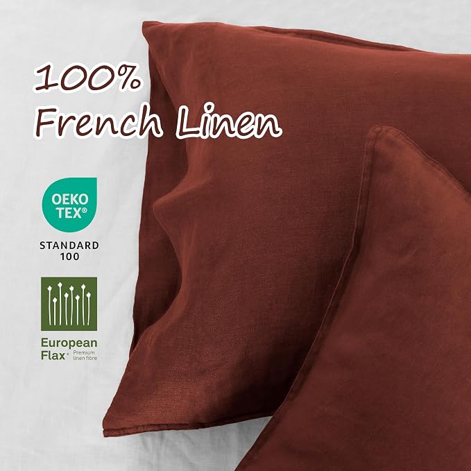 Linen World French Linen Pillowcases - Set of 2 - Stone Washed,Moisture-Absorbing - King Size (20''x40''),Red Pear