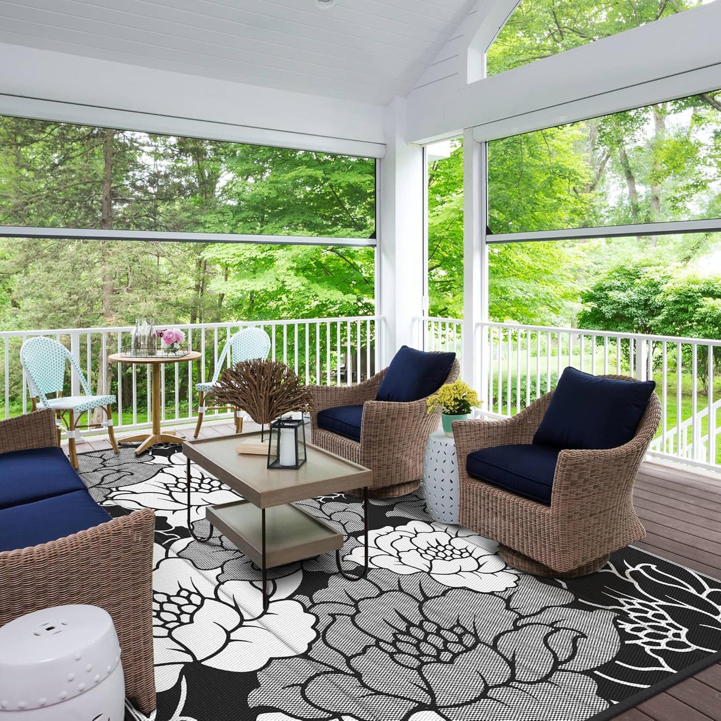 GENIMO Outdoor Rug Waterproof for Patio Decor, 9' x 12' Reversible Plastic Straw Floral Camping Carpet, Large Area Rugs Mats for RV, Camper, Deck, Balcony, Porch, Beach, Picnic, Mix-Black & White