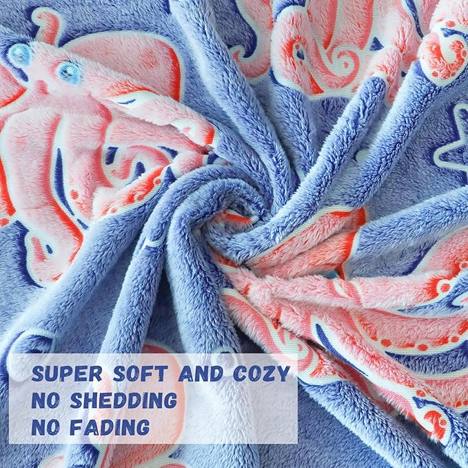 Octopus Toys Birthday Gifts for Boys Girls, Soft Blue Octopus Blanket for Kids Toddlers Travel, Glow in the Dark Ocean Sea Animal Fleece Throw Blanket for Bedroom Game Room Coastal Decor 50"x60"