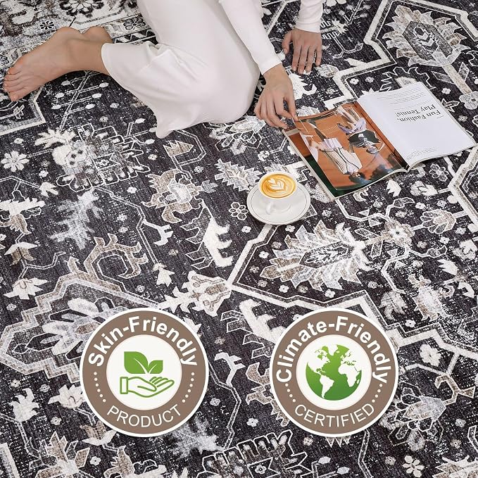 9x12 Area Rug Living Room: Washable Boho Large Vintage Moody Soft Rugs Distressed Oriental Stain Resistant Non-Slip Indoor Floor Carpet for Bedroom Playroom Office Dining Room Retro Home House- Black