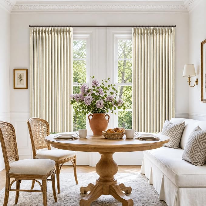 TWODRAPES Cream Pinch Pleated Linen Curtains 2 Panels 63 Inch for Living Dining Room Semi Sheer Memory Trained Short Pleat Drapes with Hooks Rings Farmhouse Boho Beige Bedroom Kitchen Drapes 40Wx63L