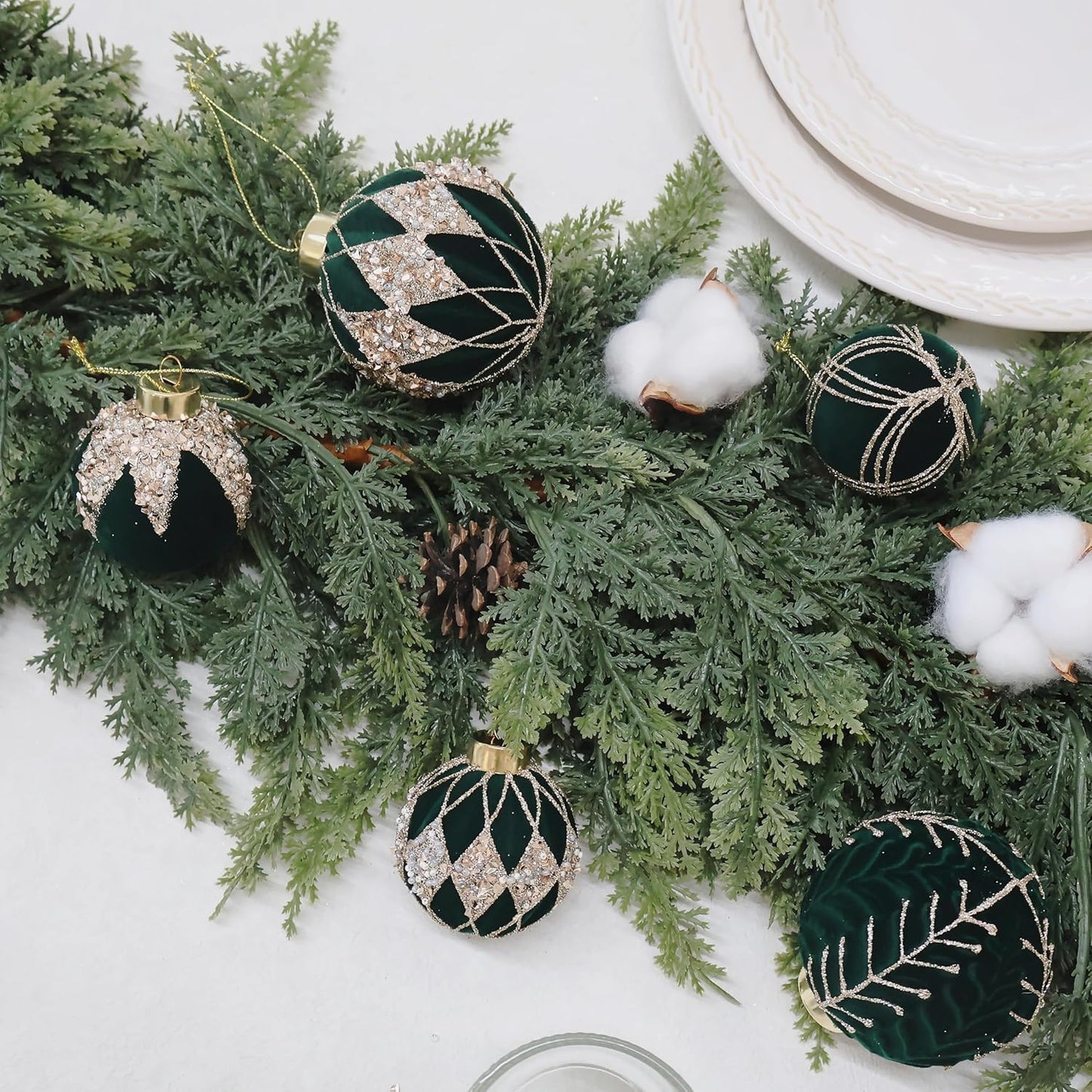 4inch Velvet Ornaments for Christmas Tree, 9PCS Glitter Flocked Christmas Ornaments Decorations Balls Set Decor Green