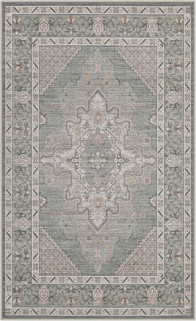 Tortania Area Rug Living Room Rugs - 3x5 Washable Rug Vintage Oriental Distressed Farmhouse Small Thin Indoor Carpet for Living Room Bedroom Under Dining Table Home Office - Green Gray
