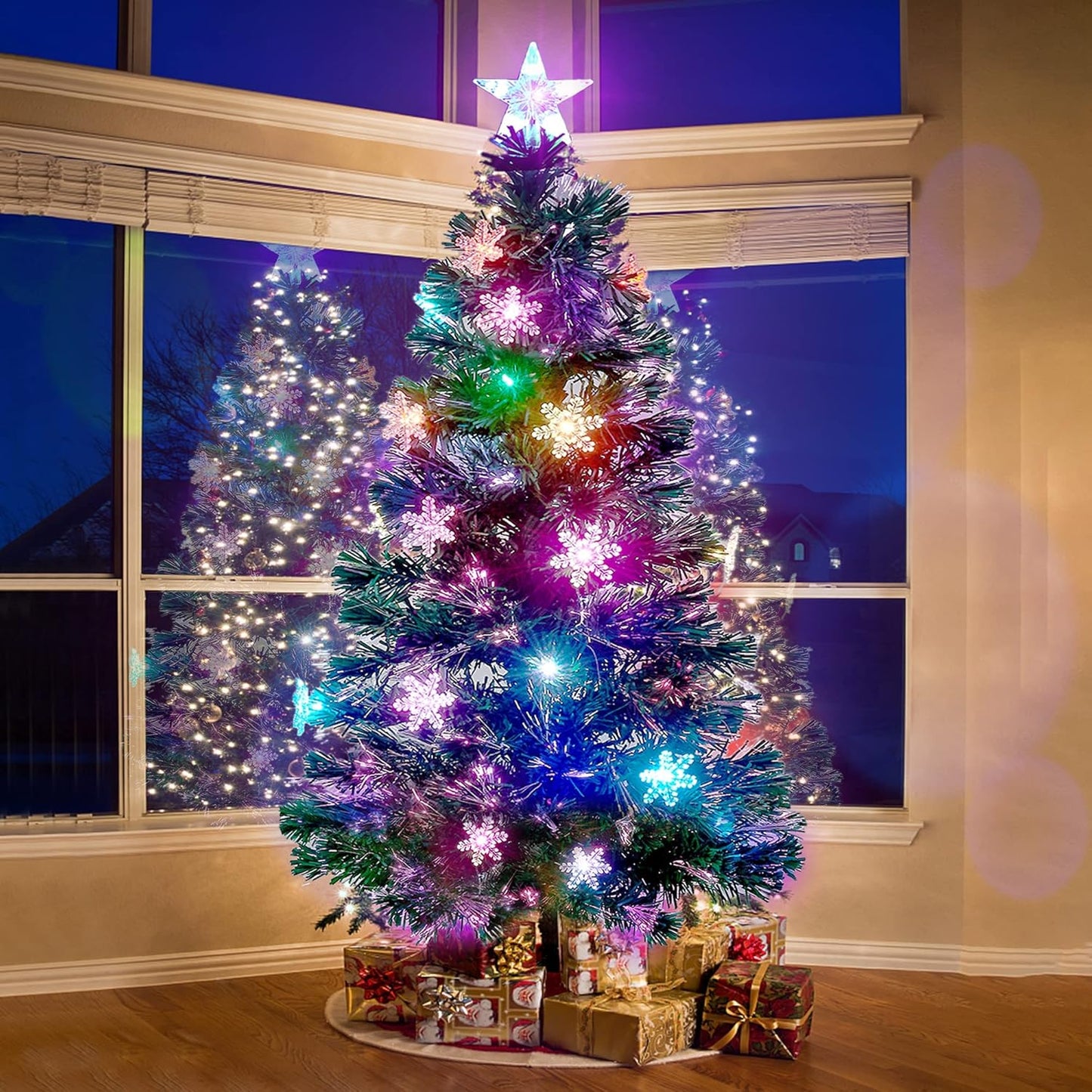 Prsildan 4 FT Artificial Christmas Tree, Pre-Lit Optical Fiber Xmas Trees with Multicolor LED Lights, Snowflakes & Top Star, Lighted Christmas Tree Holiday Home Decor