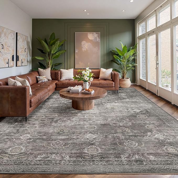 Rugxara 8x10 Area Rugs for Living Room, Large Washable Rug, Grey Vintage Retro Boho, Non Slip & Low Pile Faux Wool Carpet for Indoor Dining Room and Bedroom
