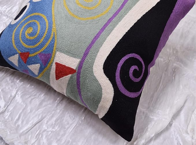 Klimt Blue Marine Modern Pillow Cover | Contemporary Chair Cushion | Blue Sofa Pillowcase | Modern Outdoor Pillows | Mid Century Chair Cushions | Hand Embroidered | Wool Size 18x18