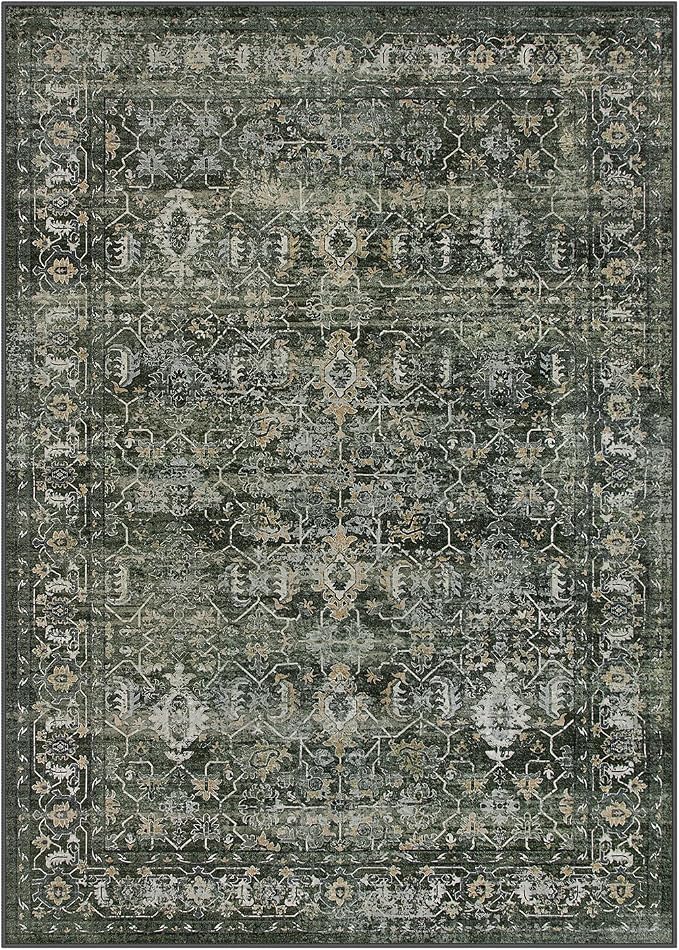 Lahome Margot Vintage 5x7 Area Rugs - Washable Non-Slip Boho Living Room Rugs for Under Table, Green Low Profile Soft Faux Wool for Bedroom, Dinning Room, Nursery, Playroom