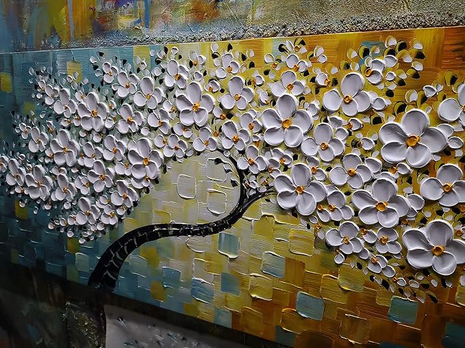 YaSheng Art - Wall Art Oil Painting ,100% Hand Painted 3D Texture Wall Art Artwork White Flower Tree Paintings ,Abstract Canvas Wall Art ,Bedroom Dining Room Living Room Modern Wall Art Decor Home , Framed Wall Art Picture 24x48inch