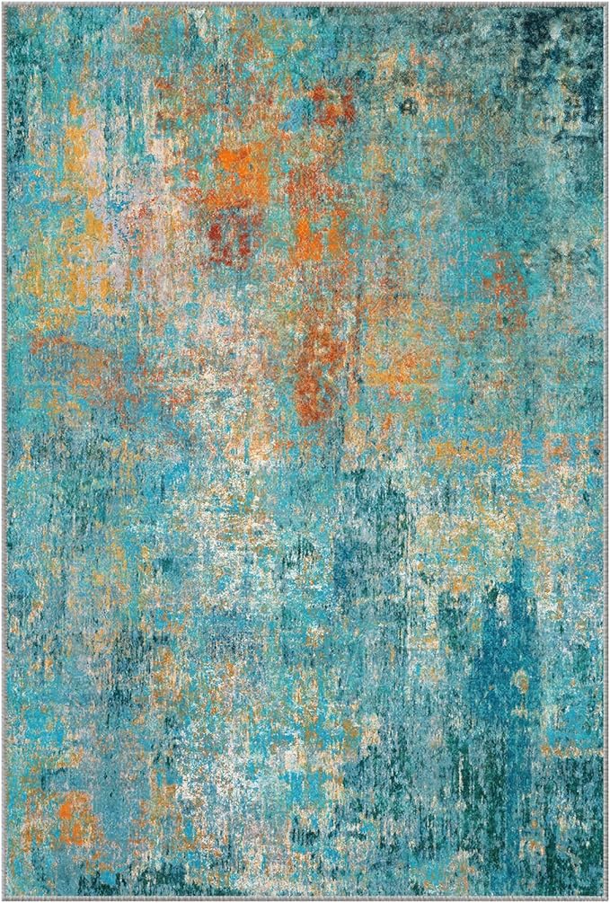RELEANY Washable Area Rugs 7'x9' Non-Slip Modern Abstract Soft for Living Room Entryway Bedroom Nursery, Print Pattern, Teal Blue Green Orange Rust Red Coloreful