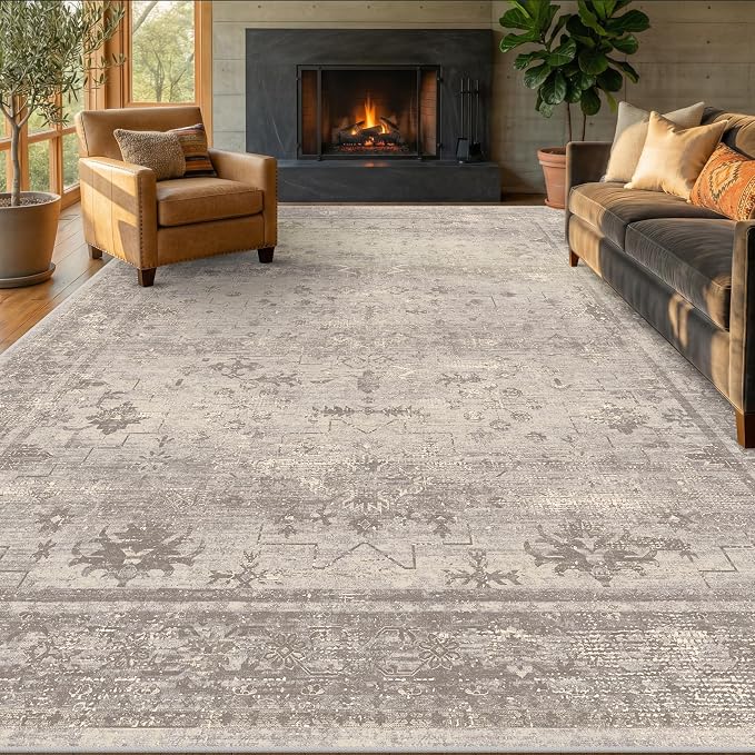 Greige 8x10 Washable Area Rug for Living Room, Organic Modern Distressed Geometric Rug with Granite Texture, Soft Low Pile Non-Slip Carpet for Bedroom & Dining Room