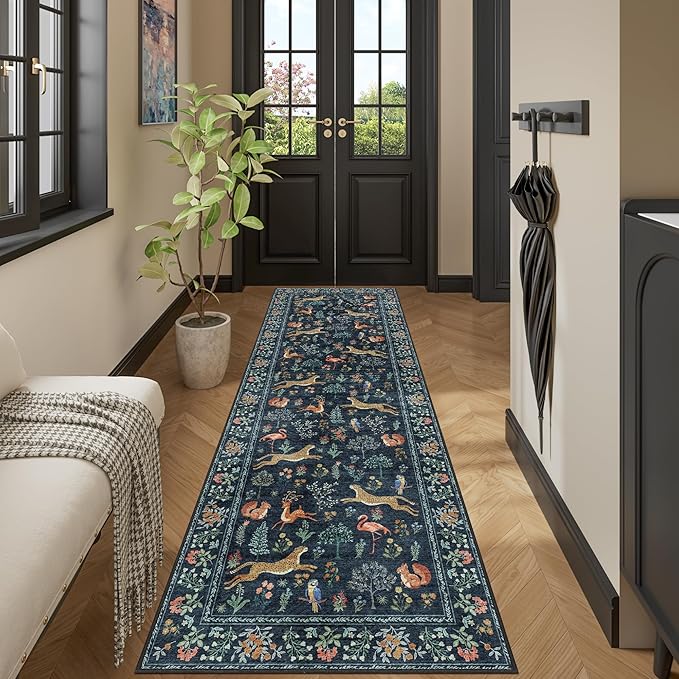 DUKINO 2x12 Washable Runner Rug, Ultra Soft Vintage Animal Runner Rug for Hallway, Lightweight Non Slip & Non Shedding Loog Carpet for Kitchen, Laundry Room, Bathroom, Bedroom, Entrance, Navy Blue