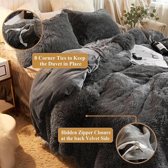 XeGe Plush Shaggy Duvet Cover Set, Luxury Ultra Soft Crystal Velvet Fluffy Bedding Sets 3 Pieces(1 Furry Faux Fur Comforter Cover + 2 Fuzzy Faux Fur Pillowcases), Zipper Closure(King, Dark Gray)