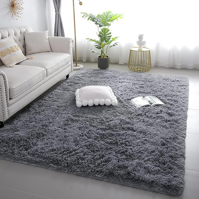 KICHOWUA 5x8 Grey Fluffy Fuzzy Area Rug for Bedroom, Soft Plush Washable Shag Carpet for Living Room,Gray Comfy Floor Non Slip Furry Shaggy Rugs for Kids Baby Boys Girls Nursery Teens College Dorm