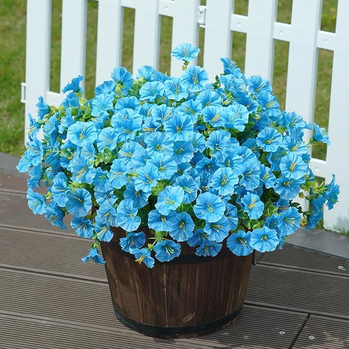 HyeFlora Artificial Fake Outdoor Flowers Plants for Spring Summer Decor, 12 Bundles Outside Silk Blue Morning Glory UV Resistant Look Real Faux Flowers for Front Door Patio Porch Yard Window Balcony