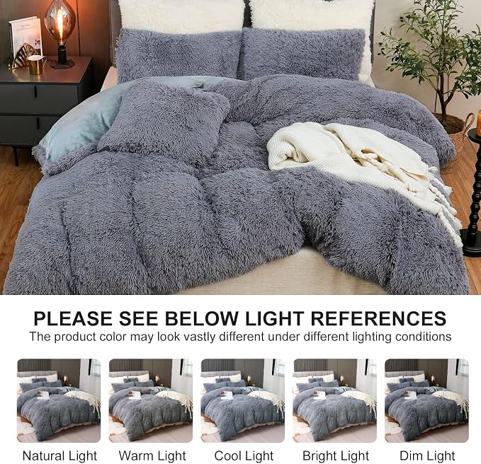 Fluffy Plush Duvet Cover Set Twin Size, Luxury Ultra Soft Velvet Fuzzy Comforter Cover Bed Sets 3Pcs(1 Faux Fur Duvet Cover + 1 Pillow Cases + 1 Pillow Cover) Zipper Closure (Twin, Dark Gray)