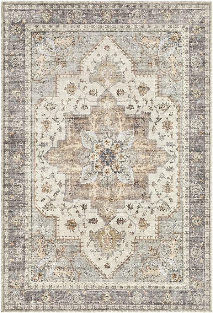 Tortania Area Rug 2x3 Doormat - Washable Vintage Oriental Farmhouse Soft Thin Indoor Carpet for Living Room Bedroom Hallway Entryway Kitchen - Greige