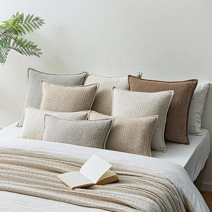a moment Linen Pillow Covers Set of 2,Boho Farmhouse Throw Pillowcases Neutral Textured Decorative Covers for Couch Sofa,Soft Linen Blend Accent Case Cushion Living Room Home Decor 24"x24"Hazel