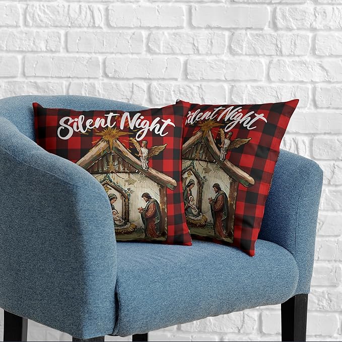 Red Buffalo Plaid Christmas Pillow Covers 16x16 Set of 2 Jesus Nativity Pillow Case Xmas O Holy Night Silent Night Throw Pillow Covers for Living Room Couch Bedroom
