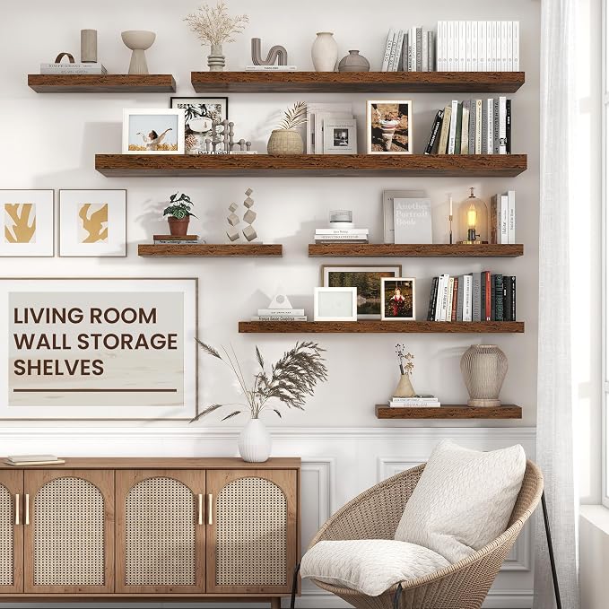 72" Wide x 12" Deep Floating Shelves for Wall, Rustic Brown, 1-Pack | Engineered Wood Wall Shelves with Invisible Brackets for Living Room, Bedroom, Bathroom, Office & Kitchen Storage