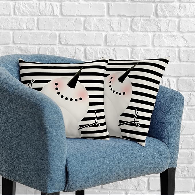 Lovely Snowman Pillow Covers 18x18 Set of 2 Winter Holiday Cold Pillow Case Black and White Striped Throw Pillow Covers Cotton Linen Pillowcase for Indoor Outdoor Decor Car