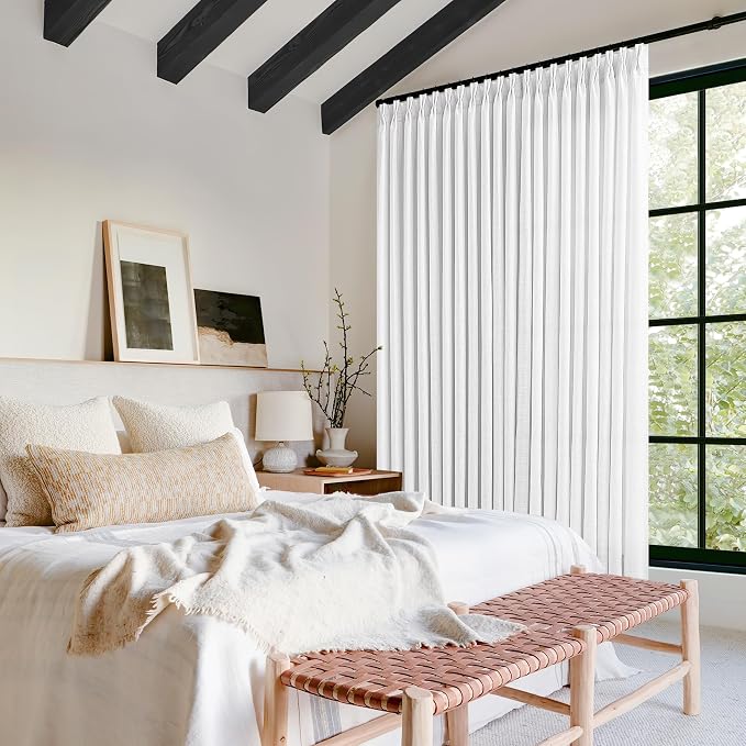 Extra Wide Pinch Pleated Linen Curtains 90 Inches Long 100 Inch Width for Living Room Bedroom Light Filtering White Semi Sheer Pleat Window Curtain Pinch Pleated Drape with Hooks Rings 1 Panel 100x90