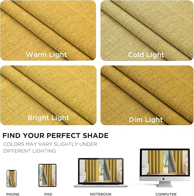 Joydeco Blackout Curtains for Bedroom - 100% Light Blocking 2 Panels Set Yellow Drapes 42" W x 63" L, Thermal Insulated Room Darkening Curtains, Linen Textured for Living Room, Rod Pocket & Back Tabs
