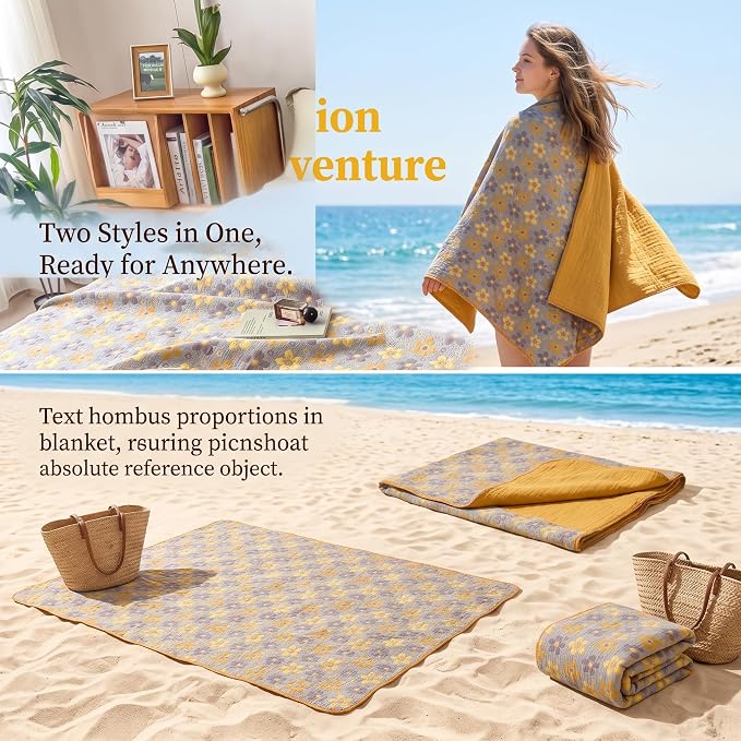 NIDITW Checkerboard Cotton Muslin Throw Blanket for Couch 6-Layer Checkered Gauze Blanket Soft Breathable All Season for Couch Bed Sofa (Yellow Flowers, Twin)