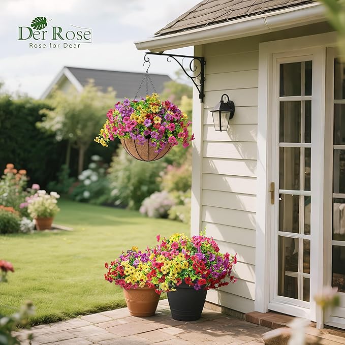 Der Rose Artificial Hanging Flowers Basket for Outdoors Fake Hanging Plants Spring Summer Decoration UV Resistant for Garden Front Porch Patio Balcony Decor