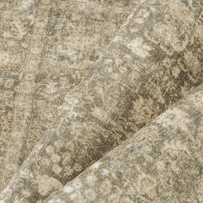 PureCozy Brown Area Rug 8x10 Machine Washable Large Vintage Living Room Distressed Non Slip Carpet Traditional Indoor Bedroom Retro Floral Accent Throw Rug for Office Kitchen Dining Room