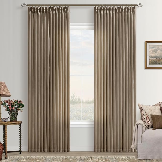 Brown Pinch Pleated Linen Curtains 80 Inches Long for Living Room Semi Sheer Light Filtering Custom Made Pinch Pleat Drape with Hooks Rings Back Tab Neutral Boho Dutch Cocoa 80 Inch Bedroom Curtain