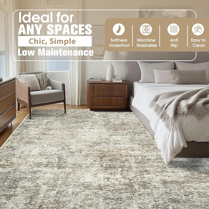 9x12 Area Rugs for Living Room Rug Washable: Abstract Large Rug for Dining Room Bedroom Carpet Non Slip 9 by 12 Indoor Modern Nursery Home Office Beige Brown