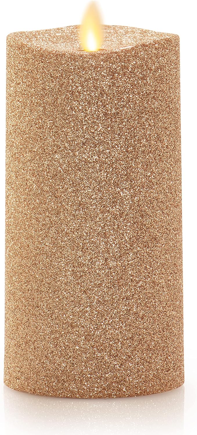 Luminara Realistic Artificial Flame Gold Glitter Pillar Candle - Moving Flame LED Battery Operated Lights - Unscented - Remote Ready - Remote Sold Separately - 3" x 6.5"