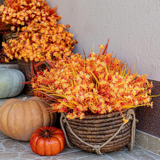 AXYLEX Artificial Fall Flowers Outdoor Fake Mums - 16 Bundles Fake Plants UV Resistant No Fade Faux Plastic Greenery Garden Porch Patio Fall Home Decor (1, OrangeYellow)