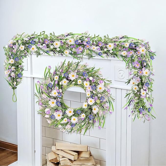 2PCS 6ft Spring/Summer Daisy Garland with Flowers, Faux Daisy and Lavender Flower Garland Artificial with Floral Lanvender for Baby Shower Wedding Mantle Fireplace Table Centerpiece Decor