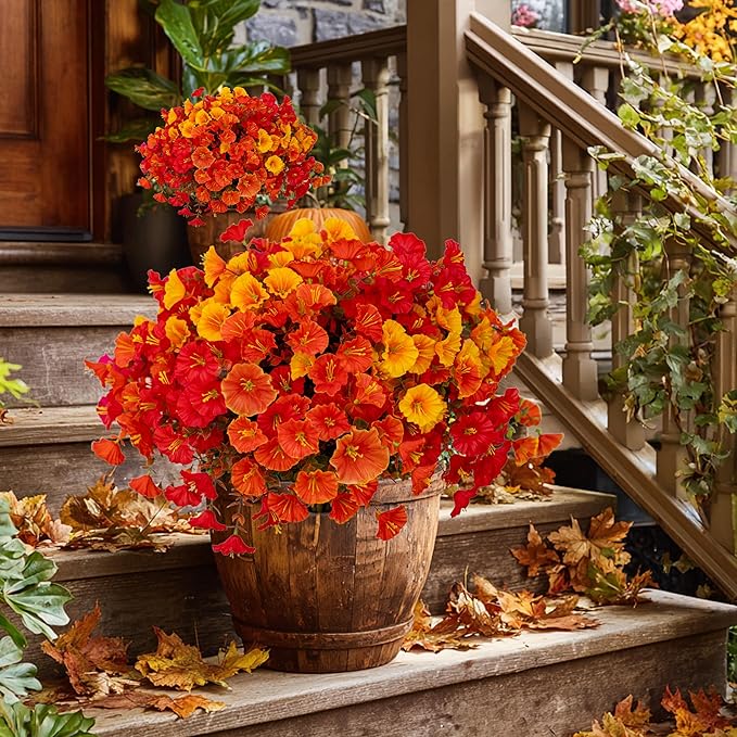 AXYLEX Artificial Fall Flowers Outdoor Fake Mums - 16 Bundles Fake Plants UV Resistant No Fade Faux Plastic Greenery Garden Morning Glory Home Decor (1, MixedFall 4 Colors)