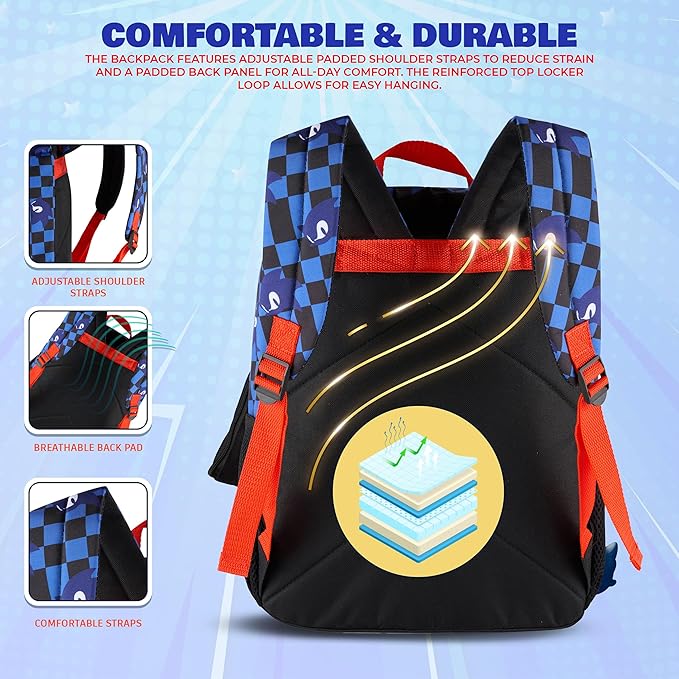 AI ACCESSORY INNOVATIONS Sonic the Hedgehog 5 PC Backpack Set for Girls & Boys, 16” Book Bag Featuring Sonic, Shadow, & Knuckles