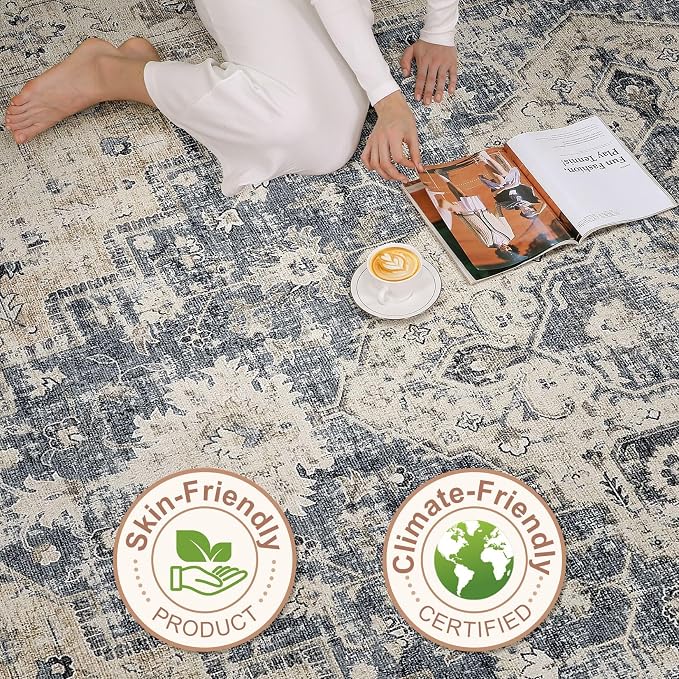 7x9 Area Rug Living Room: Washable Boho Large Neutral Vintage Soft Rug Stain Resistant Distressed Farmhouse Non-Slip Indoor Floor Carpet for Bedroom Nursery Kids Office Dining Room- Brown Blue