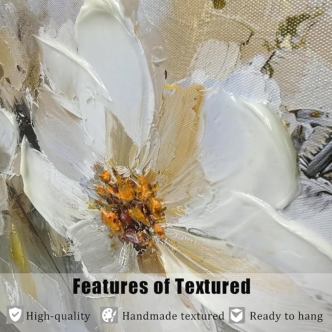 Acocifi Canvas Painting Vintage White Floral Wall Art 40"x20" | textured Flowers picture artwork for wall, beige grey abstract botanical, living room bedroom hallway office home decoration