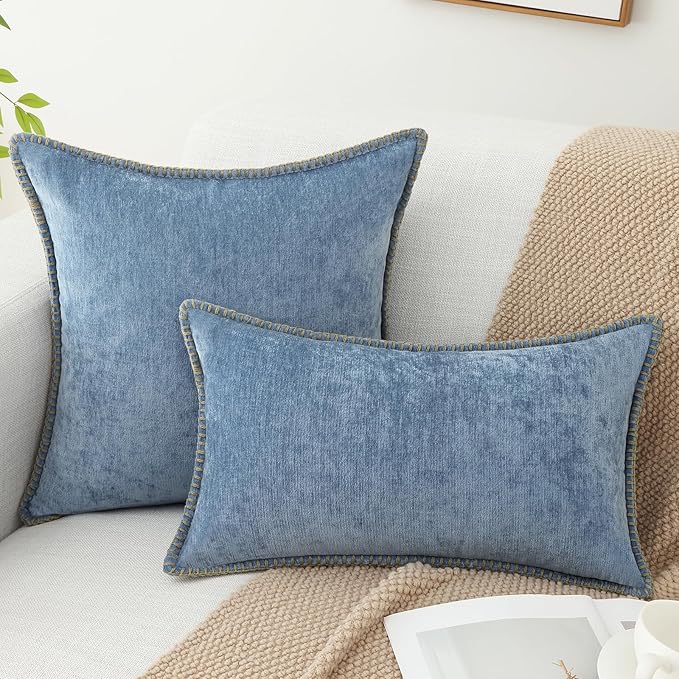 decorUhome Chenille Soft Cozy Throw Pillow Covers 18x18 Set of 2, Modern Farmhouse Boho Velvet Decorative Pillow Cases with Stitched Edge for Couch Sofa Bed Home Decor, Blue